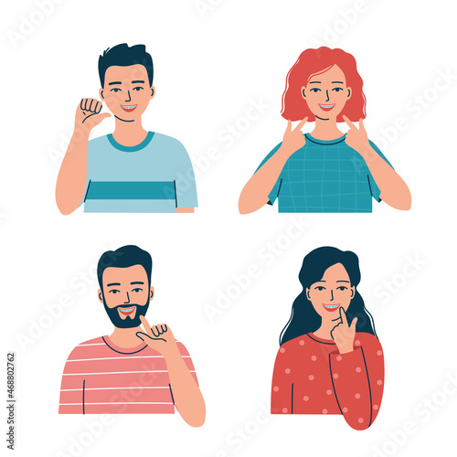 Young happy men and women with braces. Smiling adults with orthodontic treatment show bracket system. Flat vector illustration isolated on white background