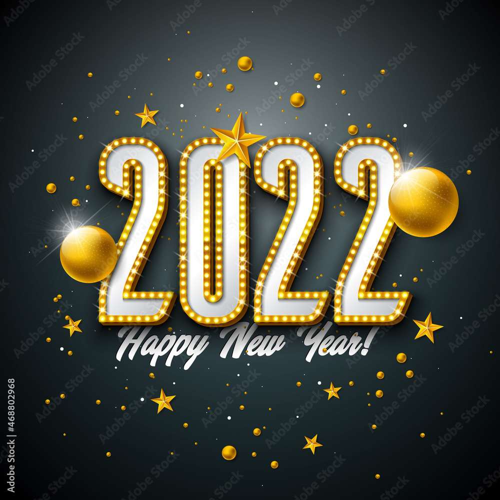 Naklejka premium 2022 Happy New Year Illustration with 3d Light Bulb Typography Lettering and Christmas Ball on Black Background. Vector Holiday Design with Shiny Bright Lights for Flyer, Greeting Card, Banner