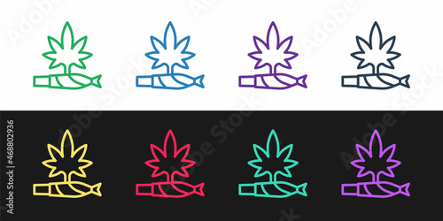 Set line Marijuana joint, spliff icon isolated on black and white background. Cigarette with drug, marijuana cigarette rolled. Vector
