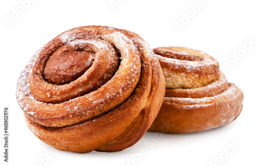 Sweet cinnamon buns on white background. Isolated