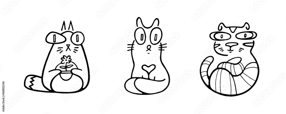 Incredibly cute and funny black and white vector kittens in an abstract style. Funny and rounded shapes of animalistic cartoon cat or cat are universal for all occasions