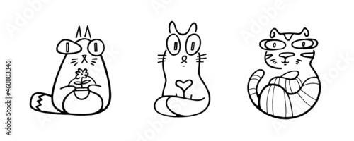 Incredibly cute and funny black and white vector kittens in an abstract style. Funny and rounded shapes of animalistic cartoon cat or cat are universal for all occasions