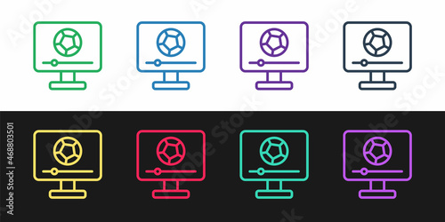Set line Football soccer match on TV icon isolated on black and white background. Football online concept. Vector