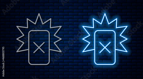 Glowing neon line Red card football icon isolated on brick wall background. Referee card. Vector