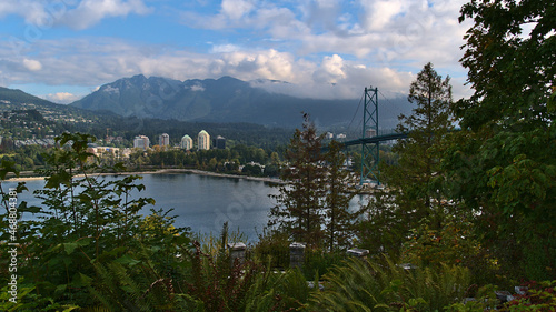 Beautiful view of Lions Gate Bridge, spanning Burrard Inlet, viewed from Prospect Point in Stanley Park, Vancouver, British Columbia, Canada.