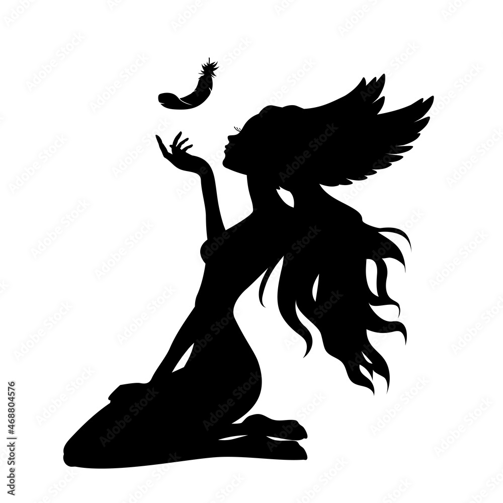 Silhouette of a girl with wings and a feather. Silhouette of a girl with wings and a feather.