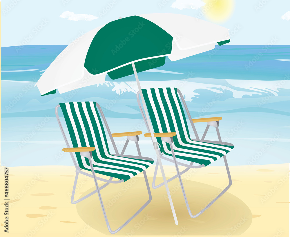 Chair and sun umbrella on beach. vector