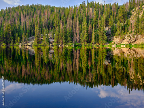 pine trees and granite rocks reflected in the perfectly clear and calm waters of Bear Lake in Colorado