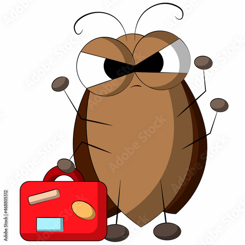 Cute cartoon Cockroach wiht suitcase. Draw illustration in color
