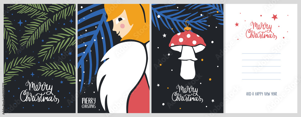 Cute Christmas set. Cozy greeting cards or posters with angel, mushroom, fir tree and 