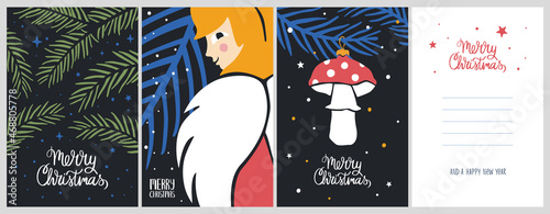 Cute Christmas set. Cozy greeting cards or posters with angel, mushroom, fir tree and "Merry Christmas" lettering. Vector flat hand drawn illustrations in cartoon style