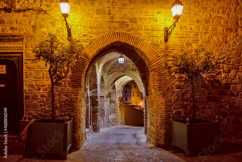 View of the one of the old streets in the Tangier Medina quarter in Northern Morocco. A medina is typically walled, with many narrow and maze-like streets..