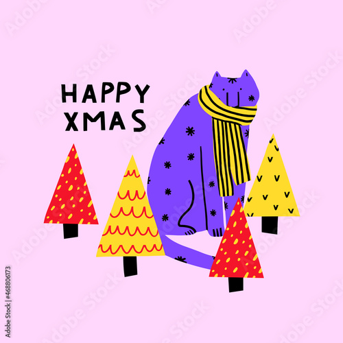 vector square card with tiger for christmas 2022. Animal tiger feeds in the forest of christmas trees. Hand drawn vibrant funny funky and groovy style. lettering Happy Xmas