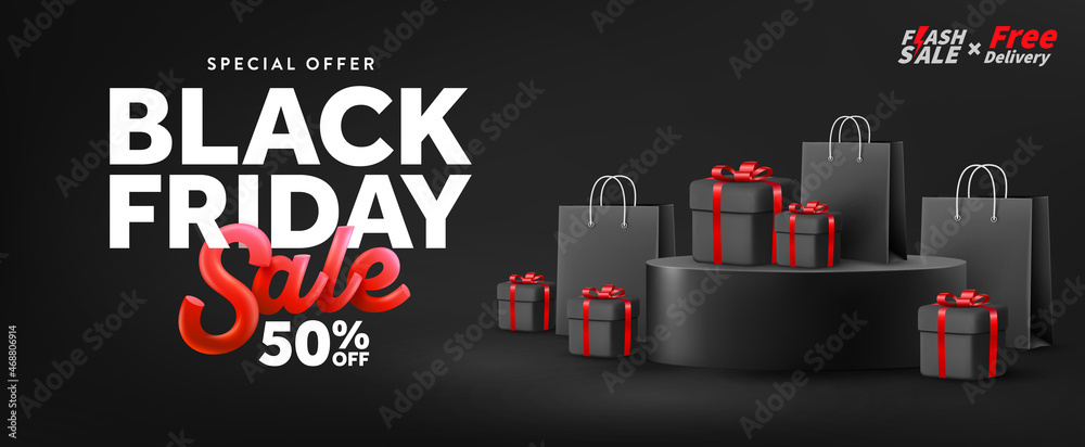 Vecteur Stock Black Friday Sale 50% off Poster or banner with Black gift  box and shopping bag on product podium scene. Black friday day sales banner  template design for social media and