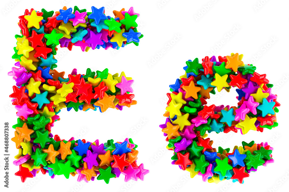 Letter E from colored stars, uppercase and lowercase letters. 3D rendering Letter E from colored stars, uppercase and lowercase letters. 3D rendering