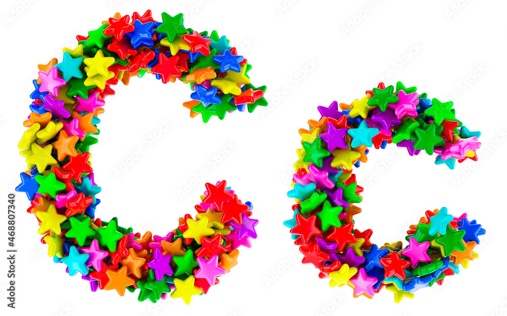 Letter C from colored stars, uppercase and lowercase letters. 3D rendering Letter C from colored stars, uppercase and lowercase letters. 3D rendering