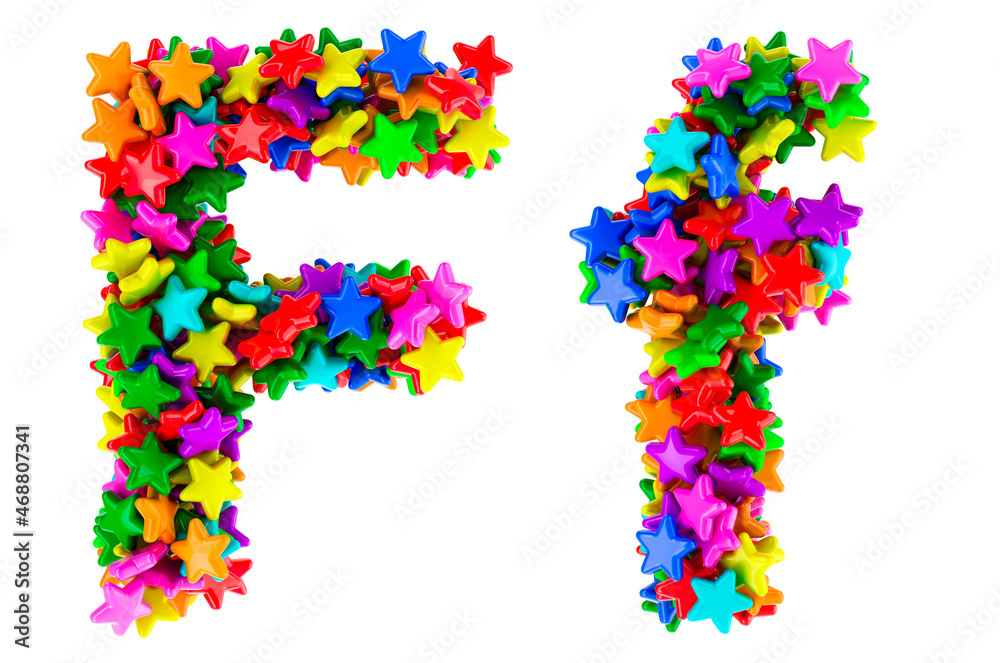 Letter F from colored stars, uppercase and lowercase letters. 3D rendering