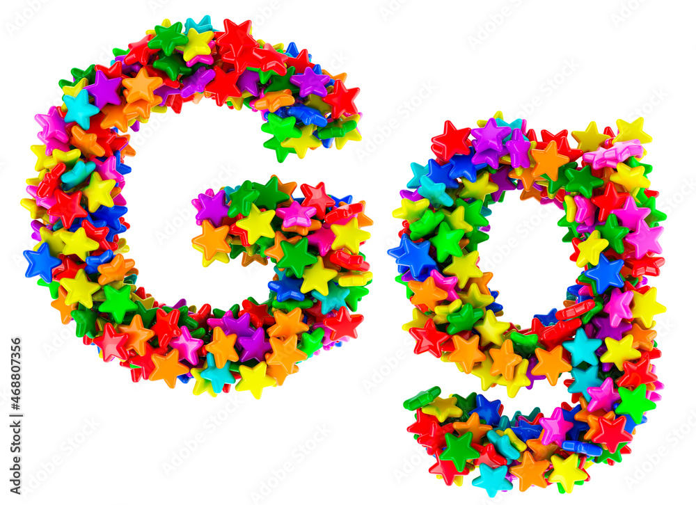 Letter G from colored stars, uppercase and lowercase letters. 3D rendering
