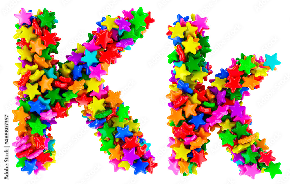 Letter K from colored stars, uppercase and lowercase letters. 3D rendering Letter K from colored stars, uppercase and lowercase letters. 3D rendering