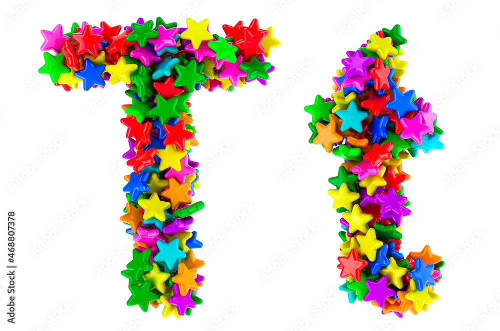 Letter T from colored stars, uppercase and lowercase letters. 3D rendering Letter T from colored stars, uppercase and lowercase letters. 3D rendering