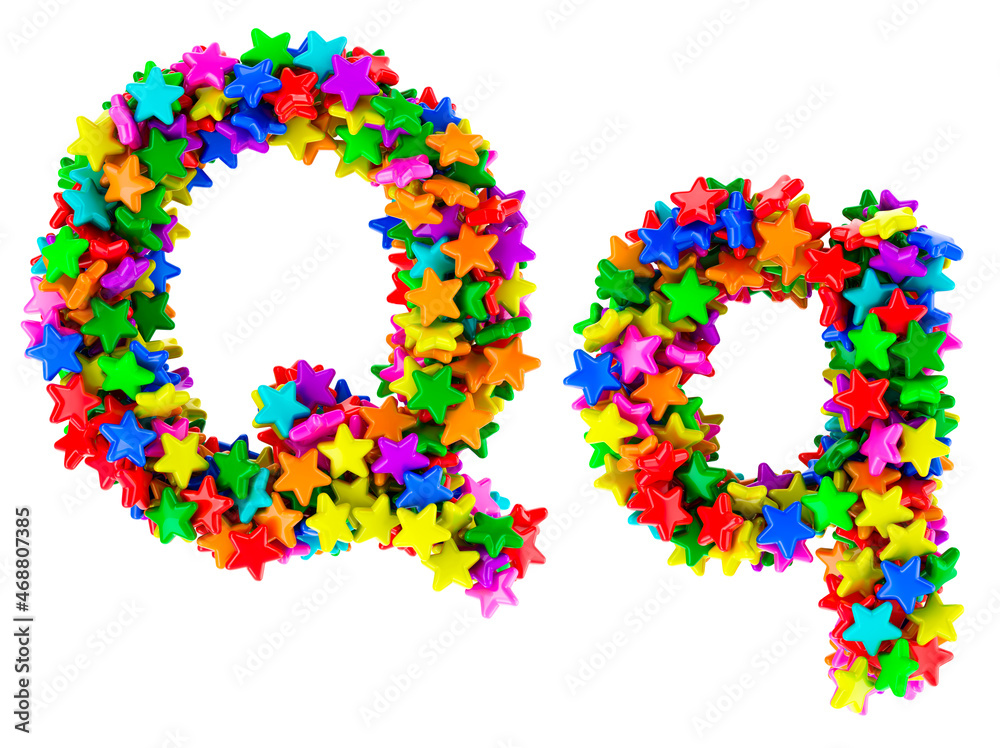Letter Q from colored stars, uppercase and lowercase letters. 3D rendering Letter Q from colored stars, uppercase and lowercase letters. 3D rendering