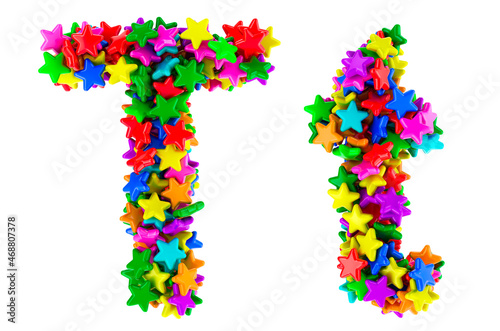 Letter T from colored stars, uppercase and lowercase letters. 3D rendering