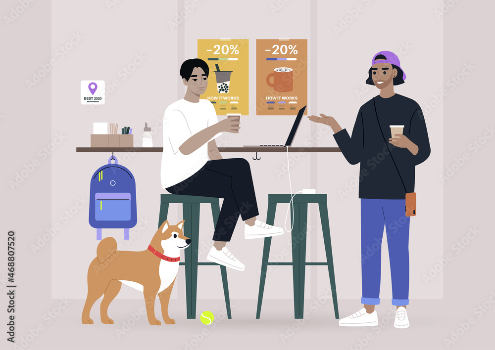 Two millennials chatting at the coffee shop bar counter, a dog-friendly place, modern lifestyle