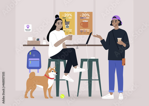 Two millennials chatting at the coffee shop bar counter, a dog-friendly place, modern lifestyle