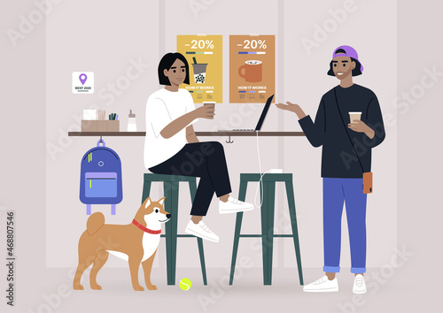 Two millennials chatting at the coffee shop bar counter, a dog-friendly place, modern lifestyle