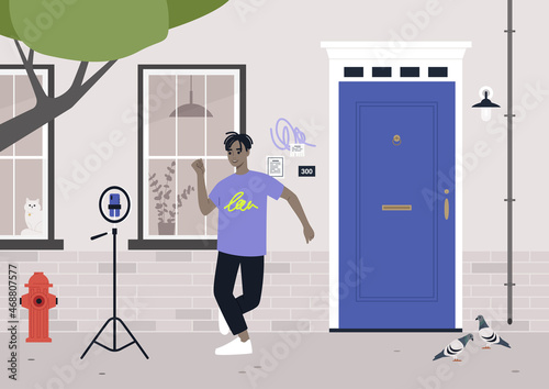 Dancing challenge, a young male Black character recording a mobile video with a tripod, modern lifestyle, digital entertainment