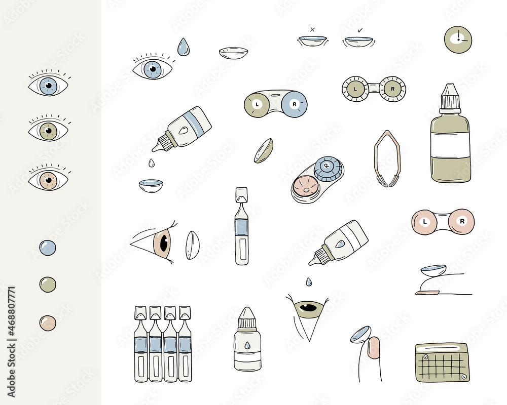 Eye care vector set. Contact lenses colored doodle vector illustrations. Eye  lens, drops, tweezers, case, wash liquid, colored contacts, calendar. Stock  Vector | Adobe Stock