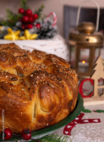Christmas cake with sesame seeds on the holiday table