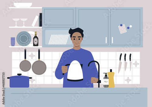 A young male Caucasian character pouring water into the kettle, daily routine, a kitchen scene