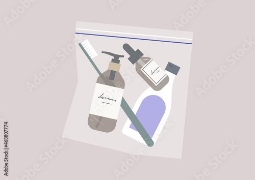 Travel concept, cosmetics packed in a plastic zip lock bag