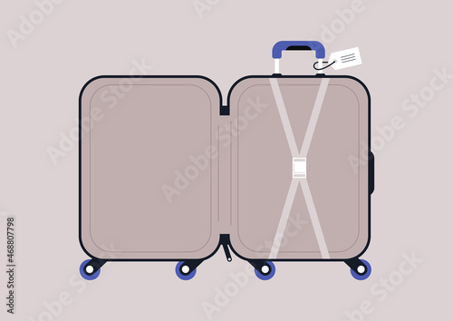 Empty open suitcase, travel concept, airport security check