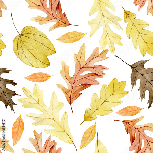 watercolor drawing seamless pattern with dry autumn oak, maple leaves. yellow and red leaves on a white background, cute print on the theme of autumn, thanksgiving
