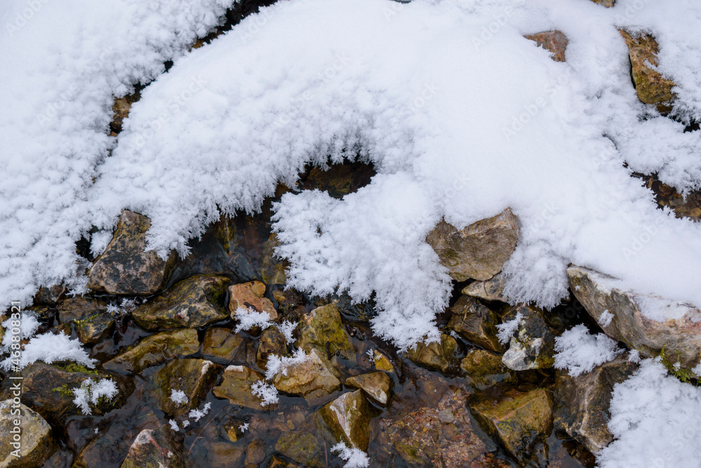 A stream with white snow and frost. Stones in water. Winter season concept.