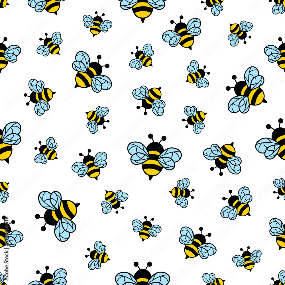 Seamless pattern with flying bees. Cartoon bumblebees texture. Vector illustration isolated on white.
