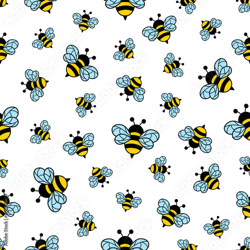 Seamless pattern with flying bees. Cartoon bumblebees texture. Vector illustration isolated on white.