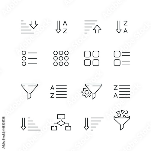 Filtering and sorting related icons: thin vector icon set, black and white kit