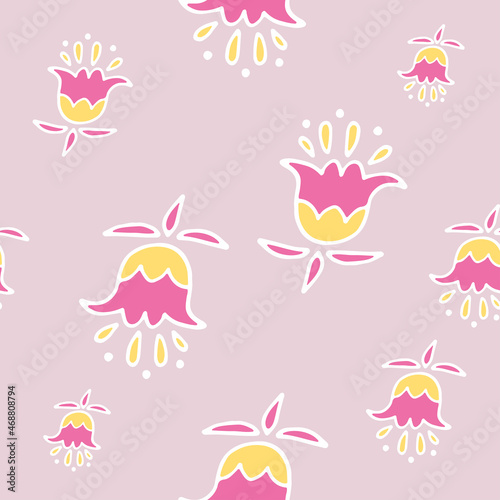 Bright pink minimalistic vector pattern. The ornament is in the form of flowers of delicate pink and yellow flowers with petals consisting of smooth contours. Abstract universal image