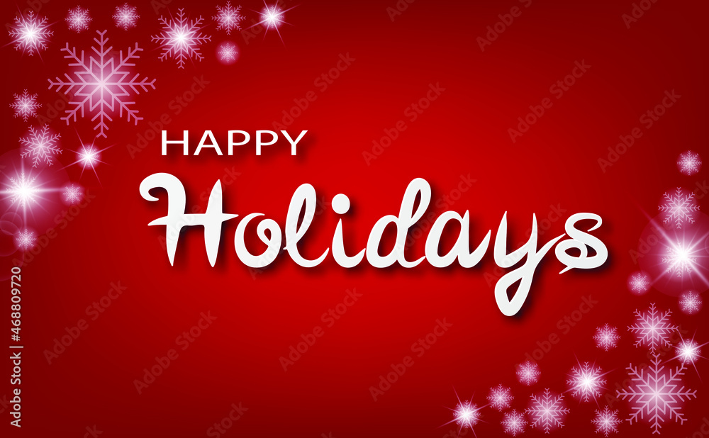 Red Holidays background with snowflakes. Happy Holidays text in papper cut style. Christmas design element for greeting card, invitation, banner or poster