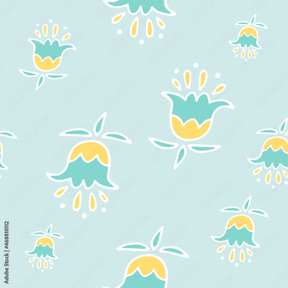 Cute blue minimalistic vector pattern. The ornament is in the form of flowers of delicate yellow and blue shades with petals consisting of smooth contours. Abstract universal image