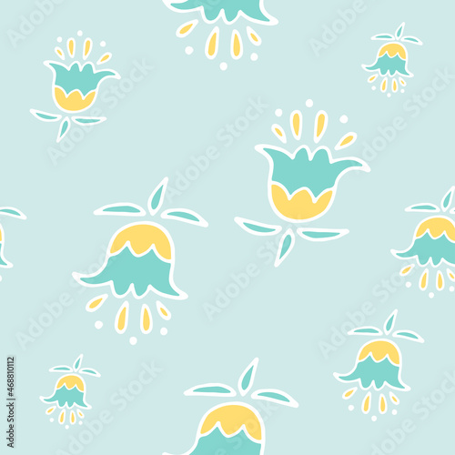Cute blue minimalistic vector pattern. The ornament is in the form of flowers of delicate yellow and blue shades with petals consisting of smooth contours. Abstract universal image