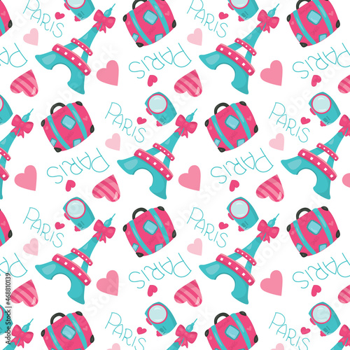 seamless pattern with eiffel on white background. wallpaper with french motifs on pink background.