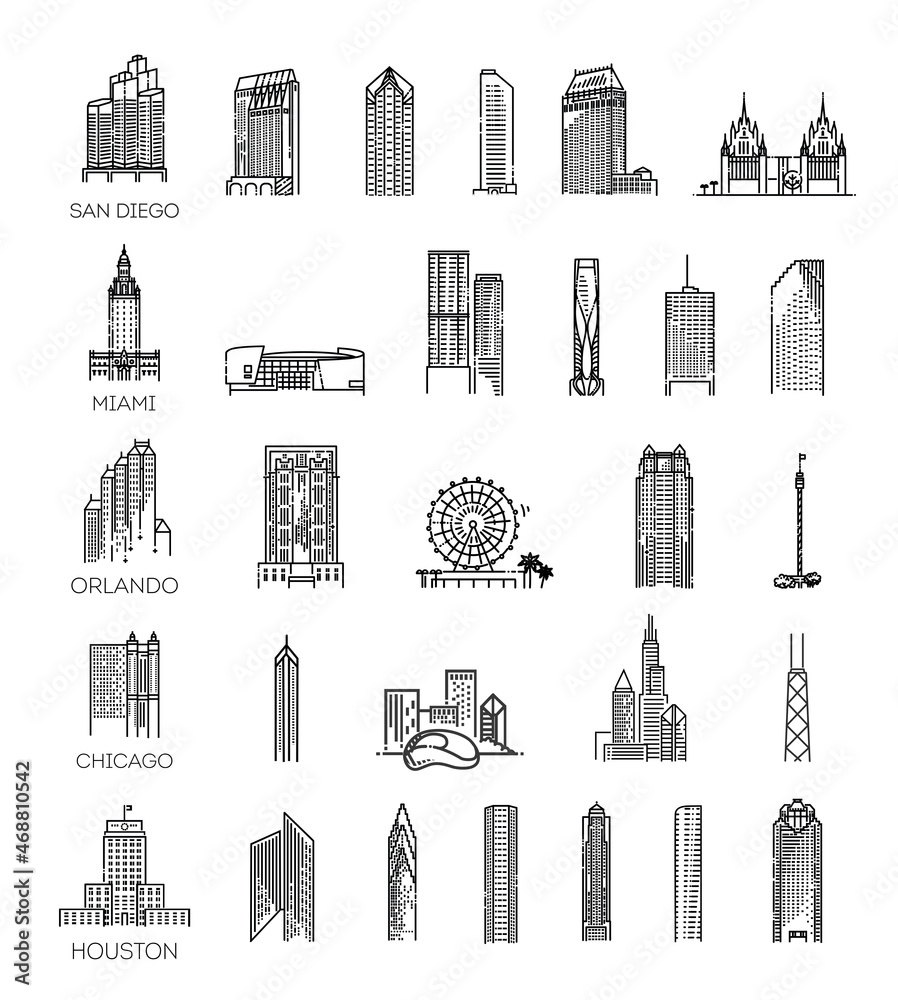 Obraz premium Prosty liniowy zestaw ikon wektorowych reprezentujących globalne amerykańskie zabytki turystyczne i miejsca podróży na wakacje