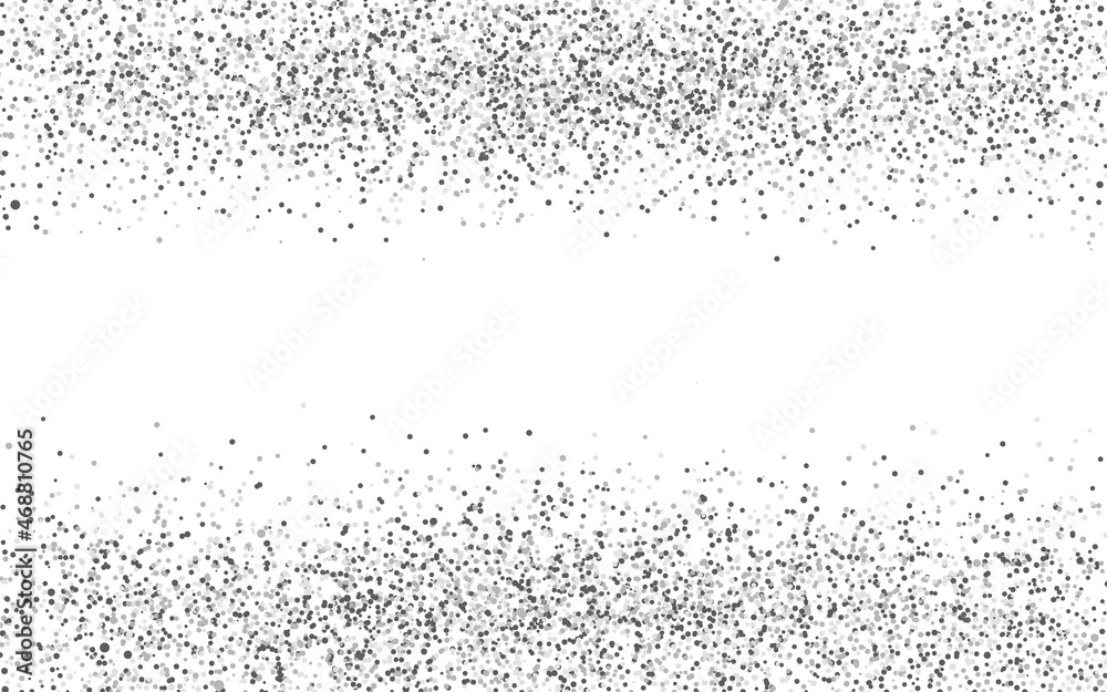Glitter frame silver on white backdrop. Invitation or greeting card template. Festive silver border. Shiny confetti particles. Christmas falling dust. Vector illustration