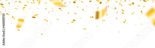 Confetti gold wide. Realistic yellow serpentine. Golden tinsel on white background. Falling elegant confetti. Shiny Christmas decoration. Vector illustration