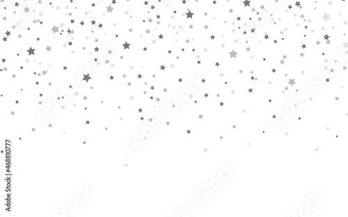 Silver stars background. Christmas falling confetti on white backdrop. Festive glitter effect. Isolated decorative elements in flat style. Greeting card template. Vector illustration