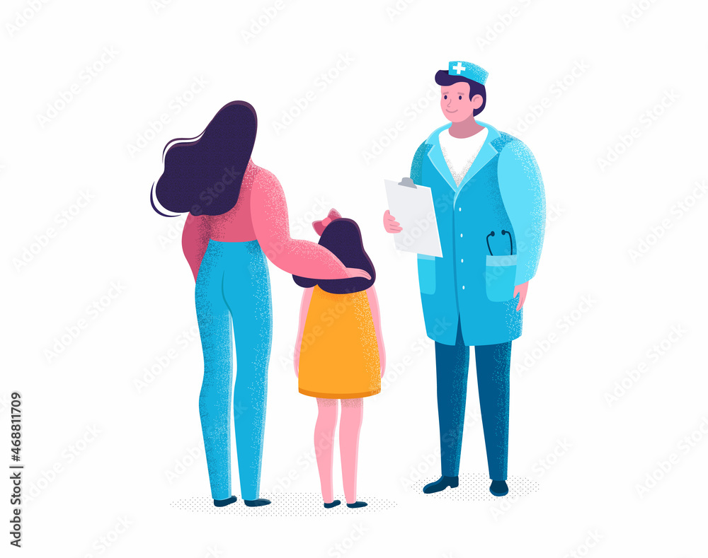 Doctor makes a diagnosis to a small patient. Girl with mom talk to the pediatrician. Otolaryngologist. Vector stock illustration isolated on white background. Flat style. Pediatric checkup. Doctor makes a diagnosis to a small patient. Girl with mom talk to the pediatrician. Otolaryngologist. Vector stock illustration isolated on white background. Flat style. Pediatric checkup.